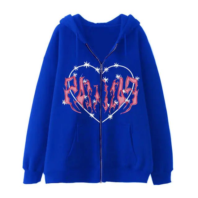 Y2K Oversized Hoodie with Graffiti Heart Print for Women