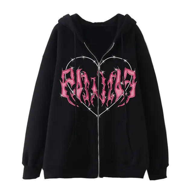 Y2K Oversized Hoodie with Graffiti Heart Print for Women