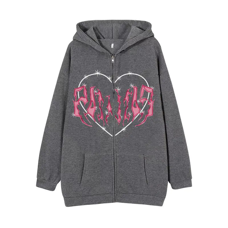 Y2K Oversized Hoodie with Graffiti Heart Print for Women